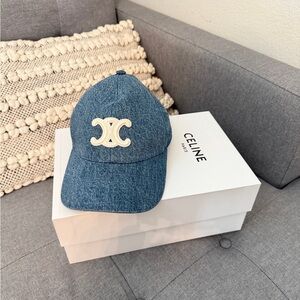CELINE Casquette Denim Blue Triomphe Baseball Cap with Cream Logo